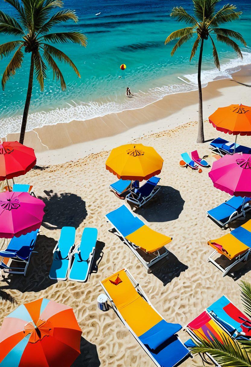 A vibrant beach scene featuring stylish swimwear, including chic swimsuits, trendy cover-ups, and colorful beach accessories. In the background, a sunny poolside area transitions into a lively ocean setting with waves, beach umbrellas, and people enjoying summer activities. Bright colors and summer vibes create an inviting atmosphere. super-realistic. vibrant colors. beach-themed.